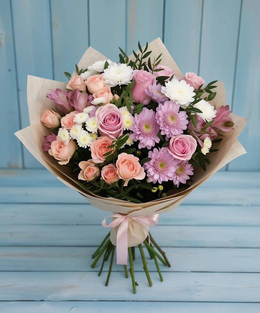 Букет цветов из: Хризантемы, Розы и Альстромерии в Казанское Тюменская область