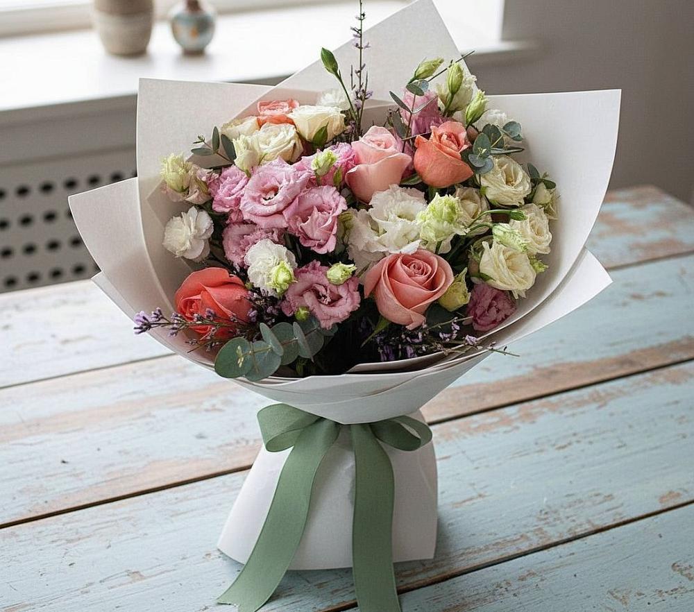 Букет цветов из: Розы, Лизиантусы и Гвоздики в Казанское Тюменская область