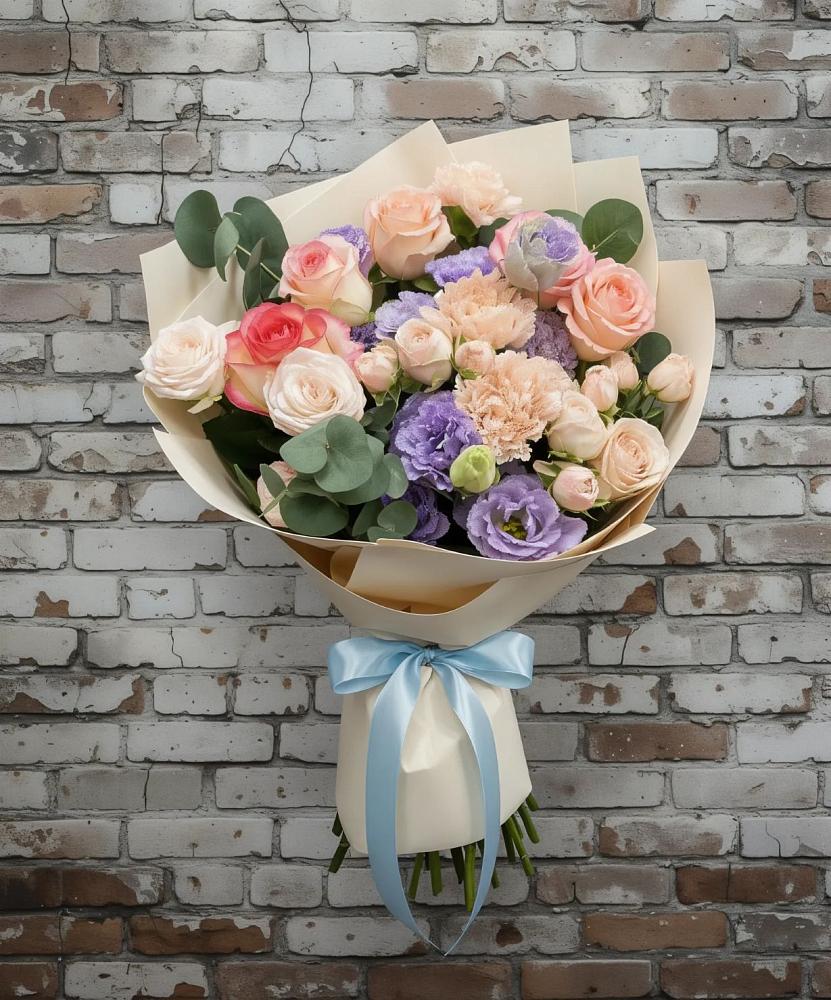 Букет цветов из: Розы, Лизиантусы и Гвоздики в Казанское Тюменская область