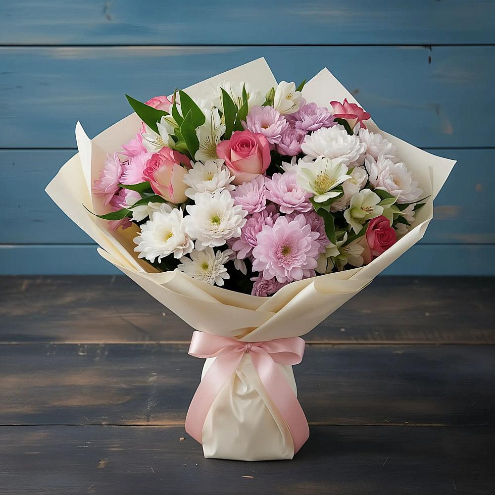 Букет цветов из: Хризантемы, Альстромерии и Розы в Казанское Тюменская область